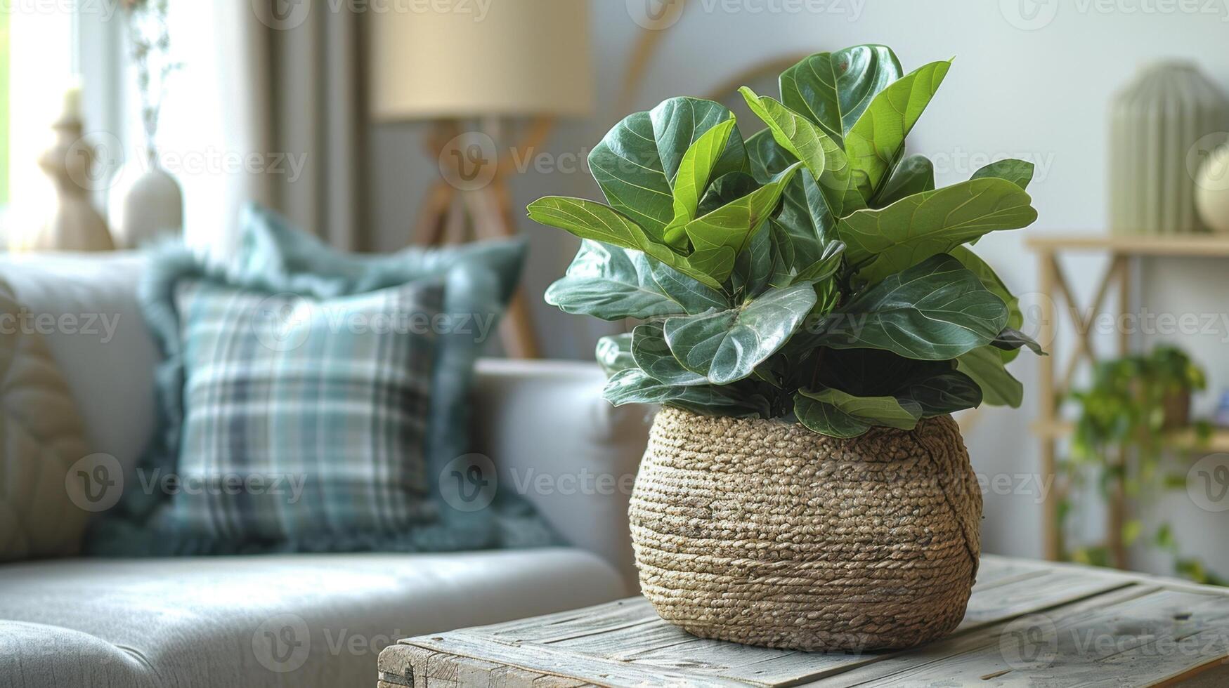 A Green Plant in a Wicker Basket on a Cozy Couch photo