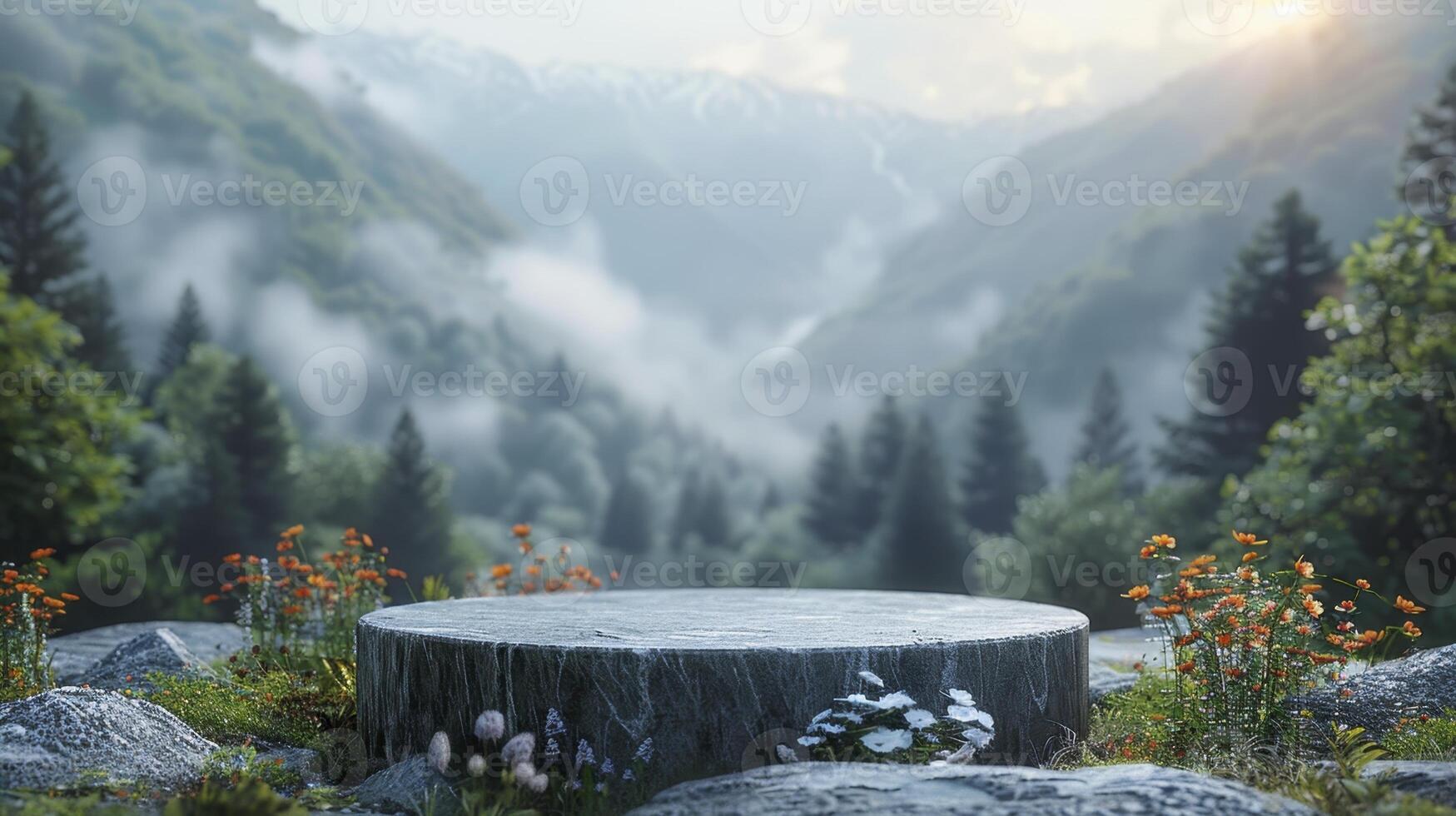 Empty stone table in front of beautiful mountain landscape with fog and flowers photo