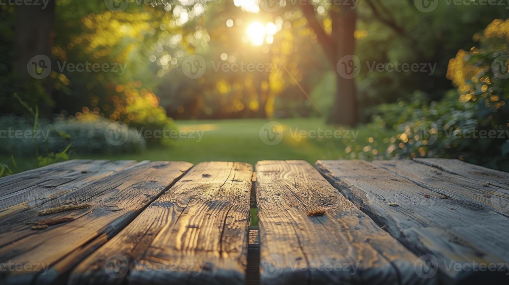 Wooden table in the park at sunset. Nature background. photo