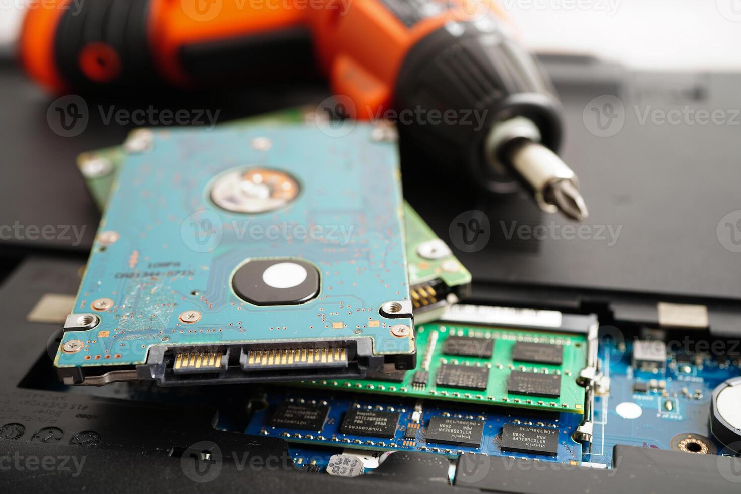 Repairing and upgrade circuit mainboard of notebook, electronic, computer hardware and technology concept. photo