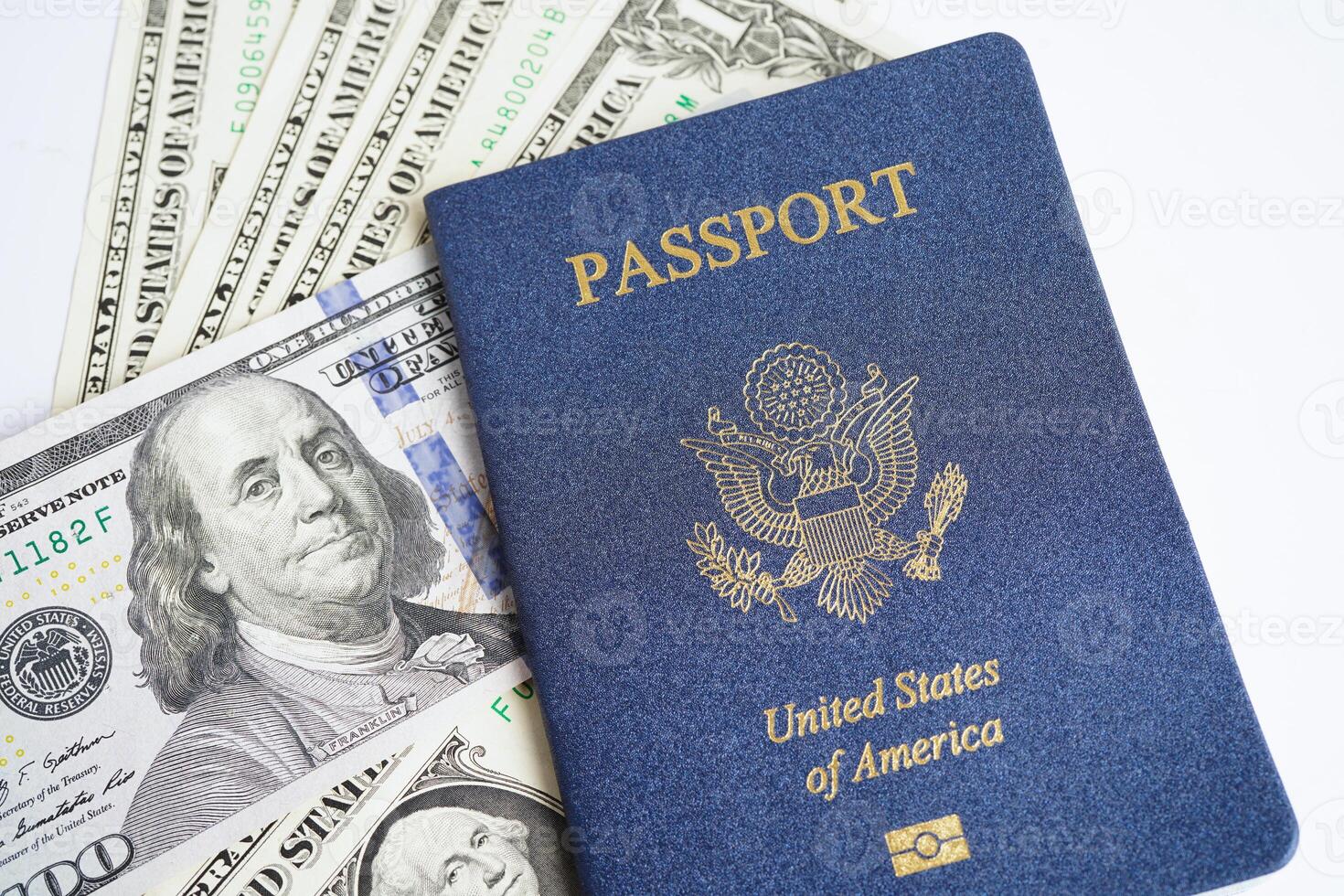 US passport with USA dollar money, American citizen in United States of America. photo