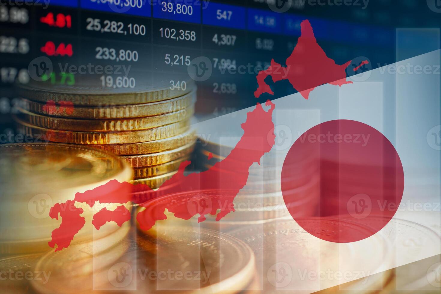 Japan flag and map with stock market finance, economy trend graph digital technology. photo