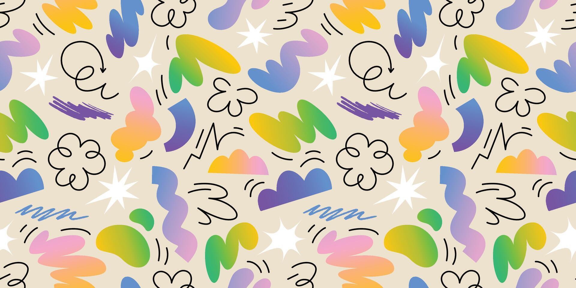 Colorful seamless pattern with abstract floral shapes, groovy doodles and squiggle lines. Ideal for retro-inspired designs and creative projects vector