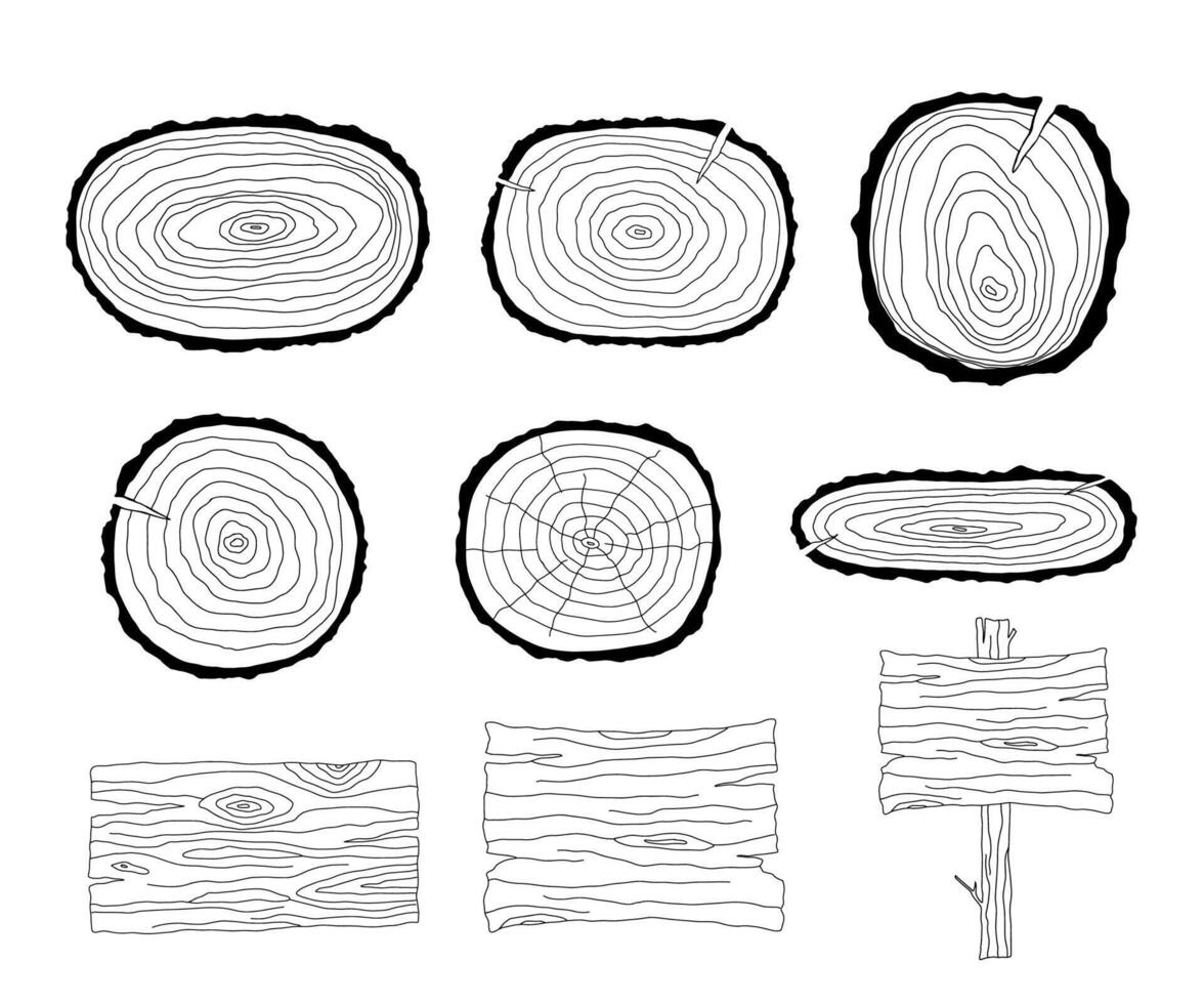Wooden panel with texture on tree set. monochrome illustration isolated on white. vector