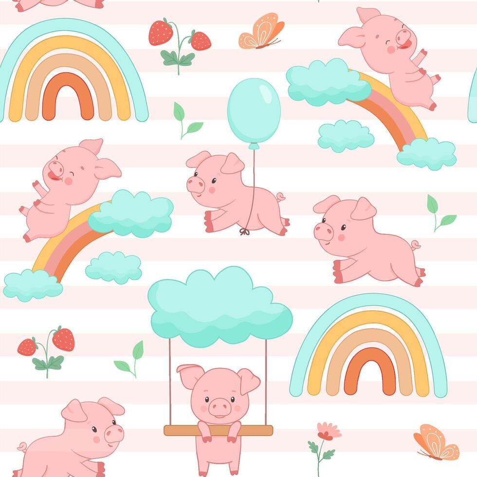 Seamless pattern with cute piggy jumping rainbow. Funny farm animal little piglet for textiles or fabric for newborns and nursery. vector