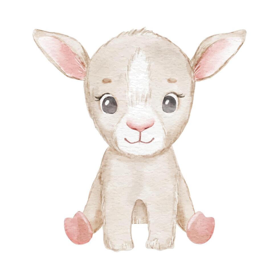 Cute cartoon goat isolated on white background. Watercolor farm animal vector