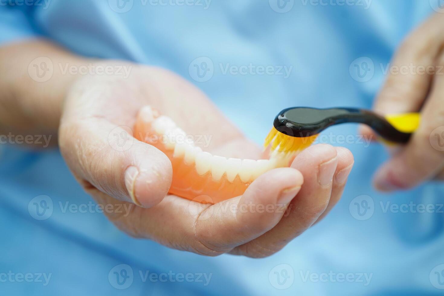 Doctor holding teeth denture in hand for dentist studying about dentistry. photo