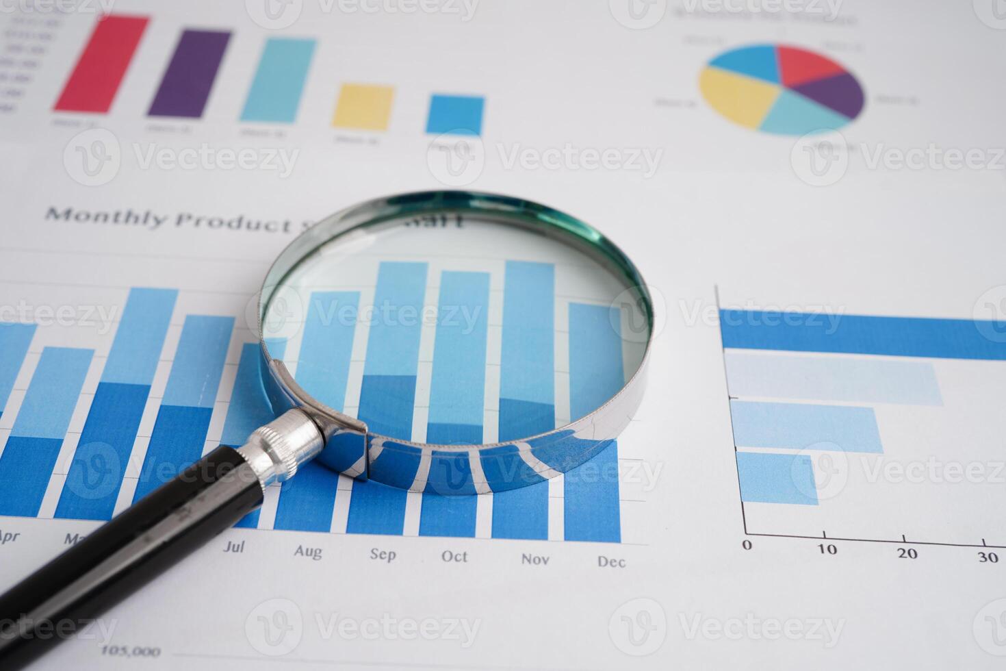 Magnifying glass on charts graphs paper. Financial development, Banking Account, Statistics, Investment Analytic research data economy. photo