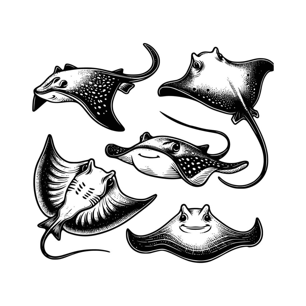 hand drawn set Illustration of Stingray fish. Vintage engraving Stingray fish illustration isolated on white background vector