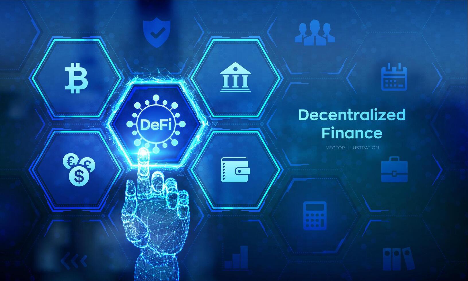 DeFi. Decentralized Finance. Blockchain, decentralized financial system. Business technology concept on virtual screen. Wireframe hand touching digital interface. illustration. vector