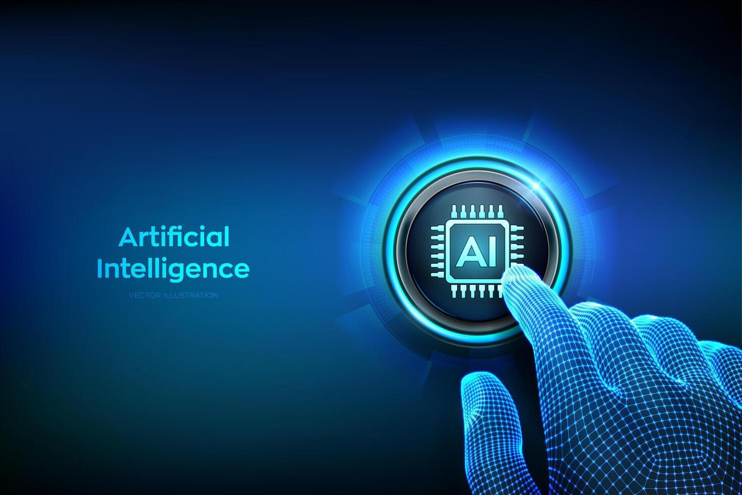 AI. Artificial intelligence. Machine learning. Big data innovation technology. Neural networks. Closeup finger about to press a button with Artificial intelligence icon. illustration. vector