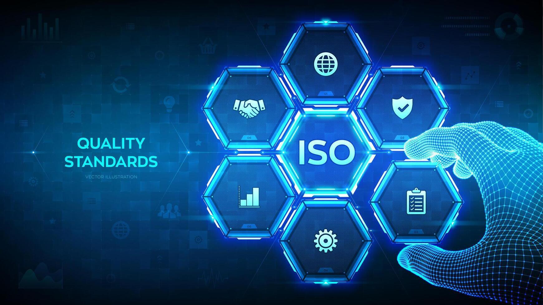 ISO standardization certification. Quality control. Quality standards control assurance warranty. Wireframe hand places an element into a composition visualizing Quality control. illustration. vector
