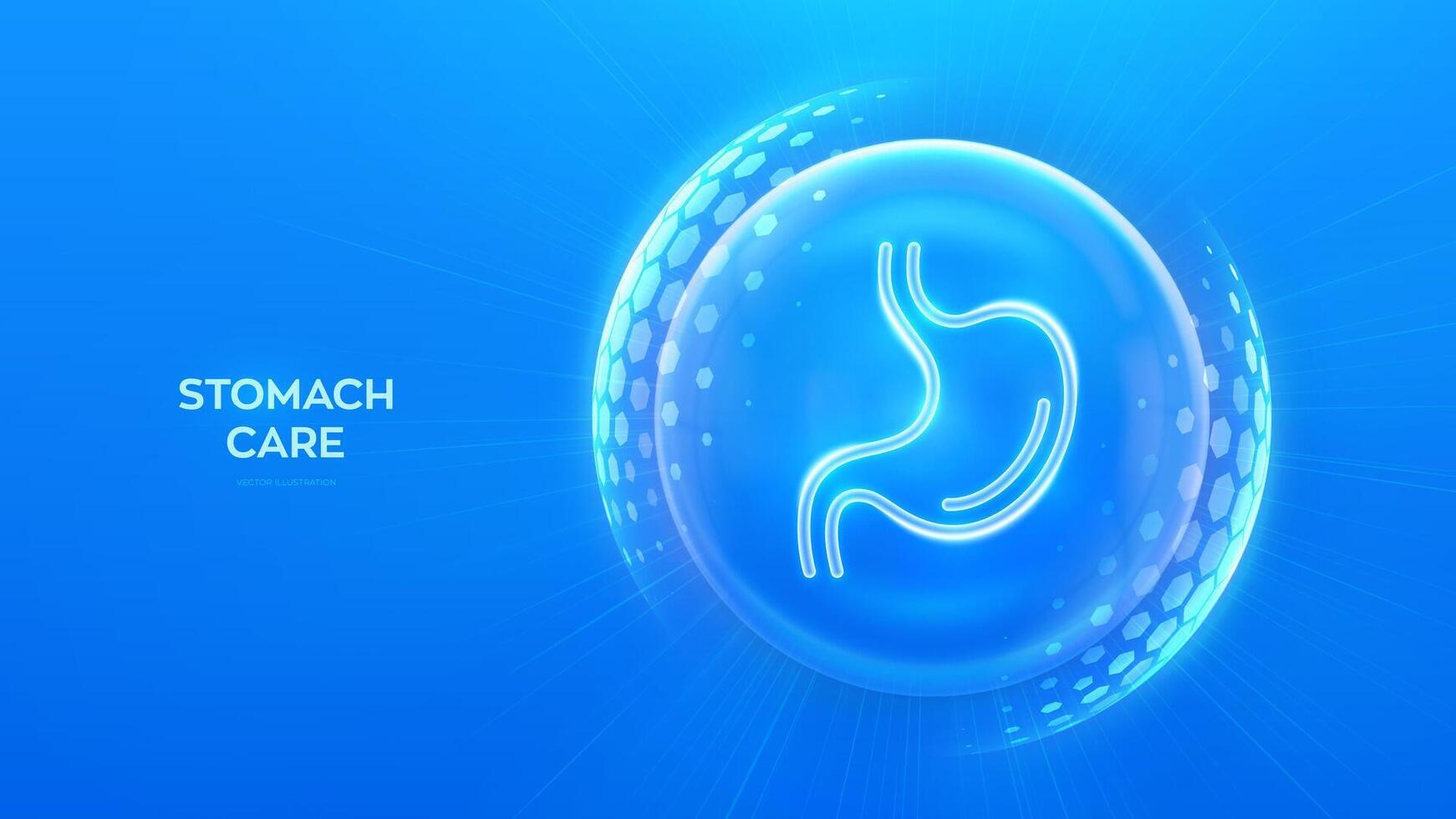 Stomach care and protection. Healthy stomach medical concept. Human stomach anatomy organ icon inside protection sphere shield with hexagon pattern on blue background. illustration. vector
