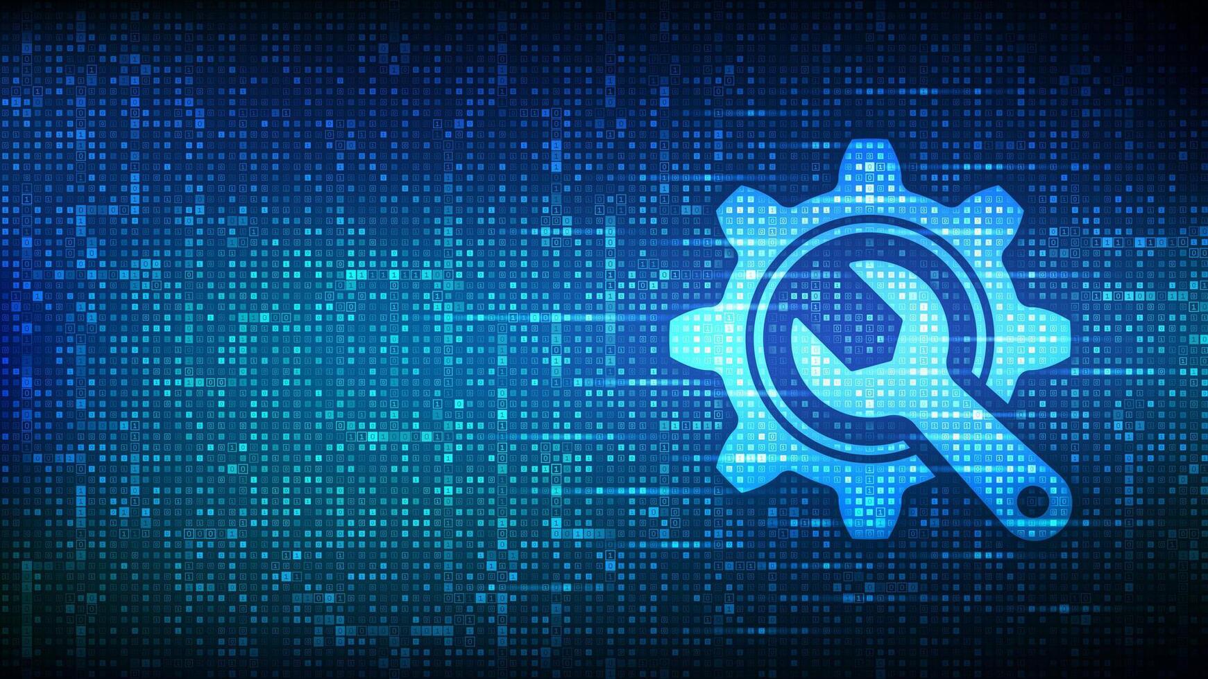 Technical service. Wrench and gear icon made with binary code. Technical assistance. Customer help. Online tech support. Repair service. Digital code background with digits 1.0. Illustration. vector