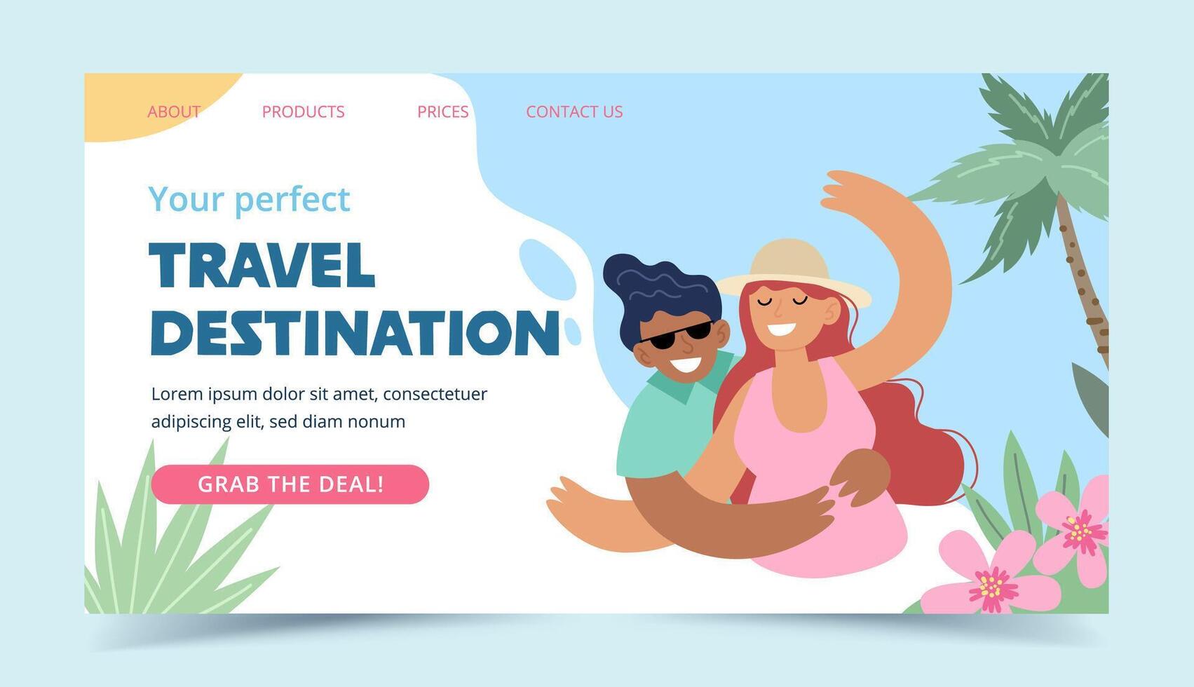 Travel destinations summer landing page. Happy couple smiling for a picture. Concept illustration vector