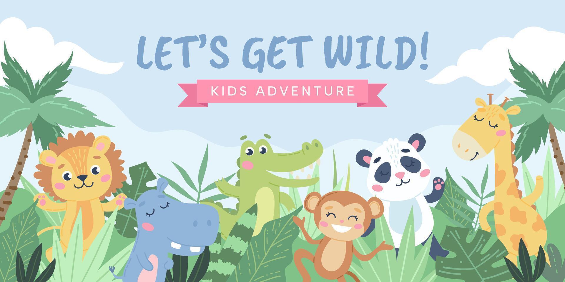 Children s animals background. Cute animals in the jungle. illustration in flat style vector