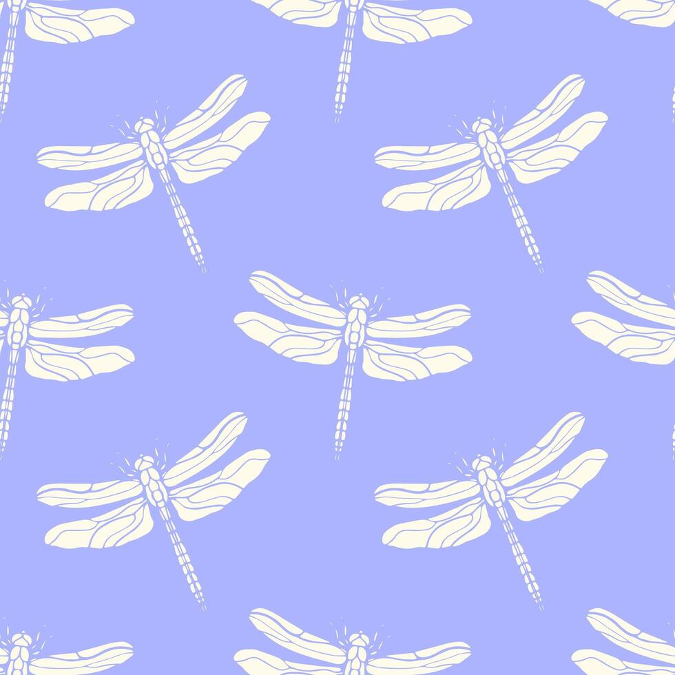 Seamless pattern with dragonfly in linocut style. vector