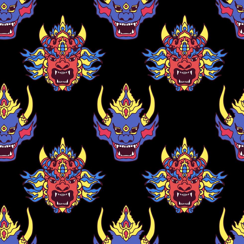 Seamless pattern with Asian style demon faces.Ornament in Thai style. vector