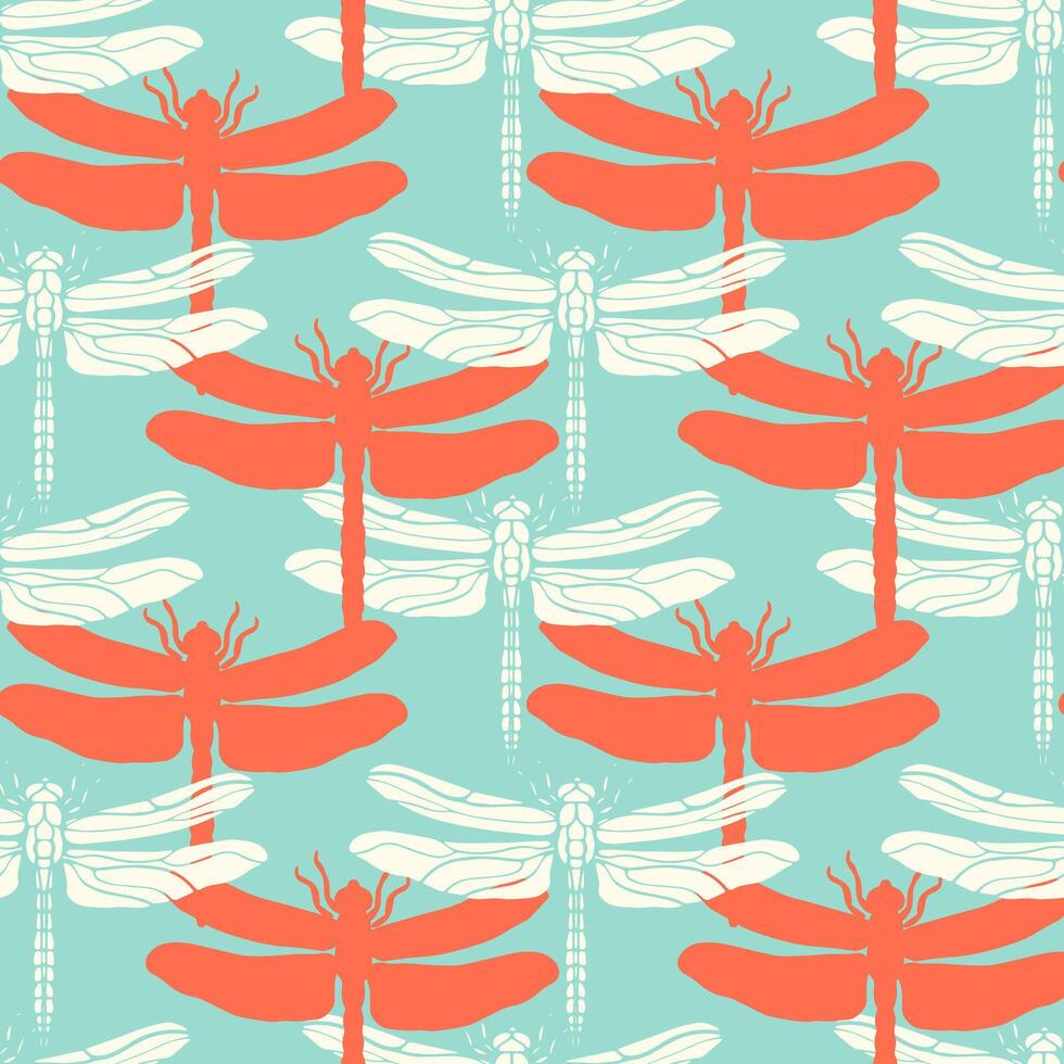 Seamless pattern with beige and orange dragonfly on a green background. Endless ornament with insect. vector