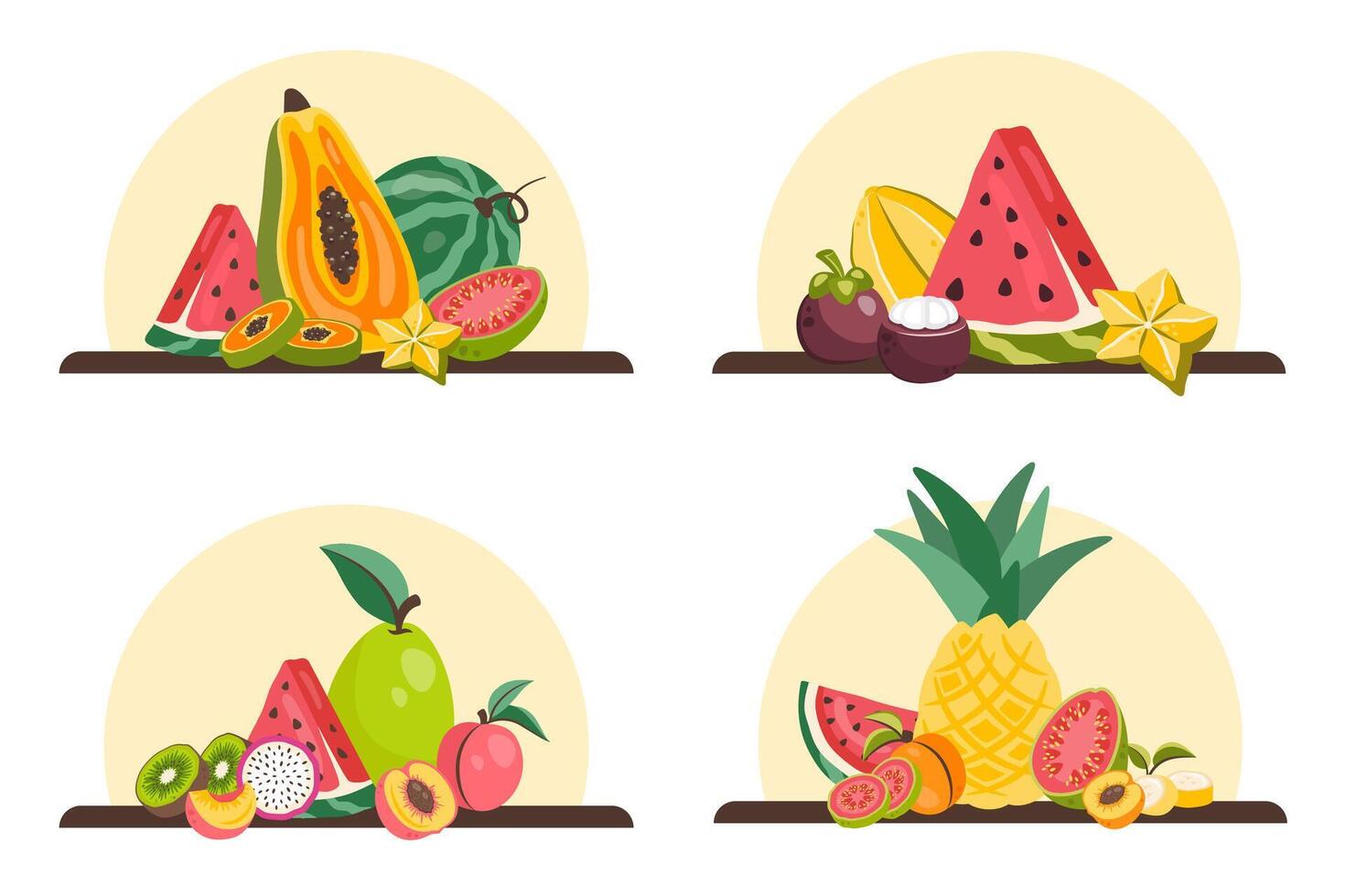 Tropical fruits set. Fresh Exotic fruits in peel, cut into circles, slices. Different Fruit stickers. Organic healthy food. Banana, pineapple, papaya, peach, kiwi, watermelon. flat illustration vector