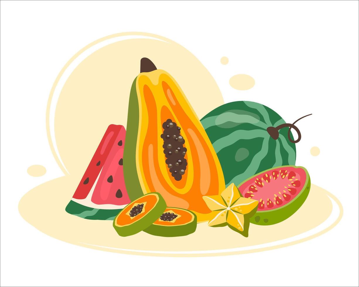 Exotic fruits. Fresh Tropical fruits in peel, cut into circles, half, slices. Fruit clipart. Organic healthy food. Watermelon, guava, papaya, carambola. Natural snack. flat illustration vector