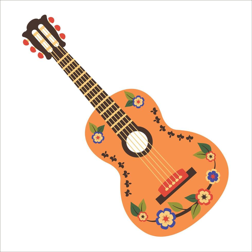 Guitar isolated on white background. Mexican Traditional instrument. National Musical element drawing by colour flowers and mexico ornament. illustration for party, holiday, banner, poster vector