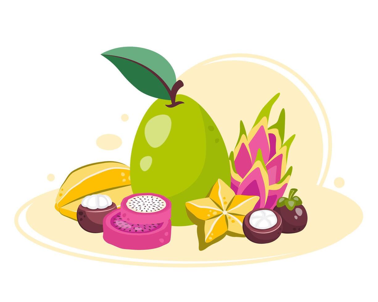Fruit harvest. Sweet tropical dessert of dragon fruit, guava, carambola, mangosteen. Hand drawn fruits composition. Natural organic healthy food. flat cartoon illustration vector