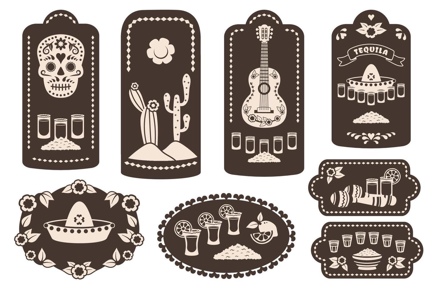 Tequila sticker set isolated. Vintage labels of different shapes, size with Mexican national elements. Tequila shots. Maracas, guitar, skull, glasses, cactus, hat. illustration vector