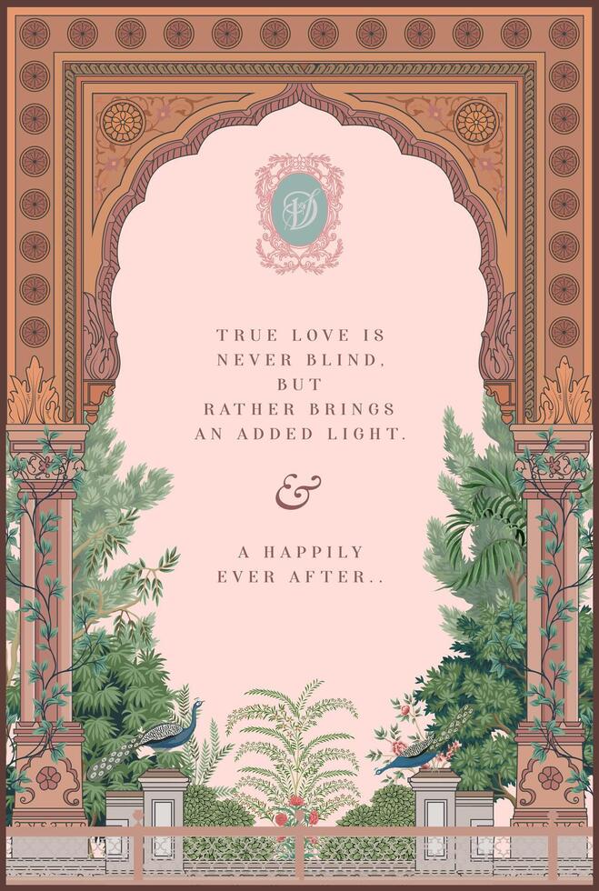 Traditional Indian Mughal arch style wedding invitation card design. Invitation card for printing vector