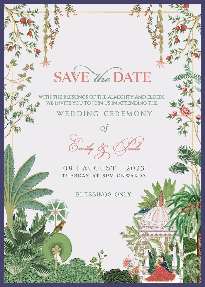 Traditional Indian Mughal wedding invitation card design. Save the date invitation card for printing vector