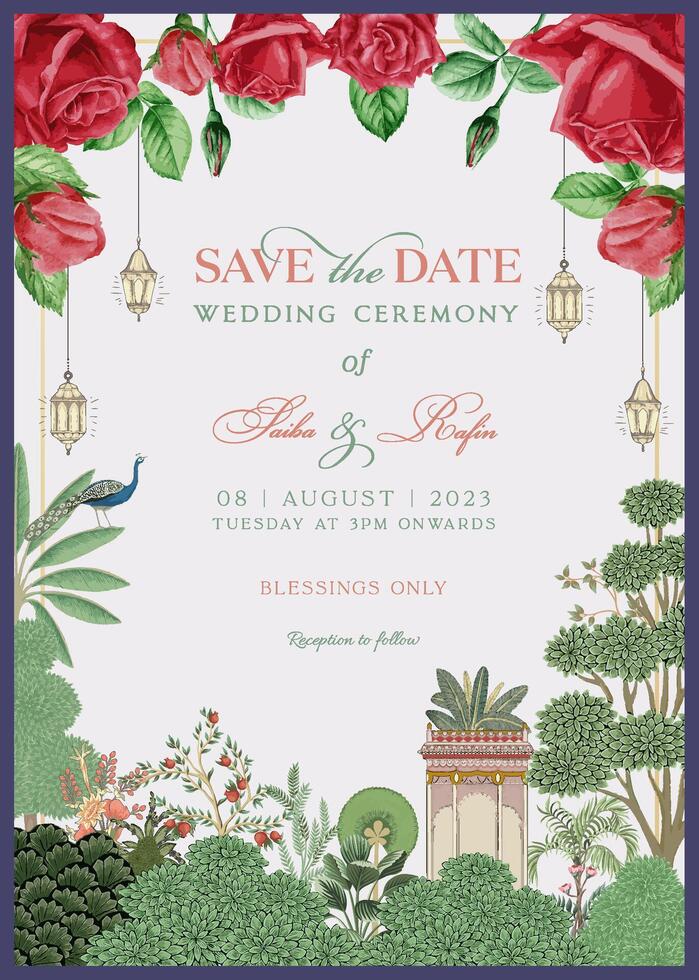 Traditional Indian Mughal wedding invitation card design. Save the date invitation card for printing vector