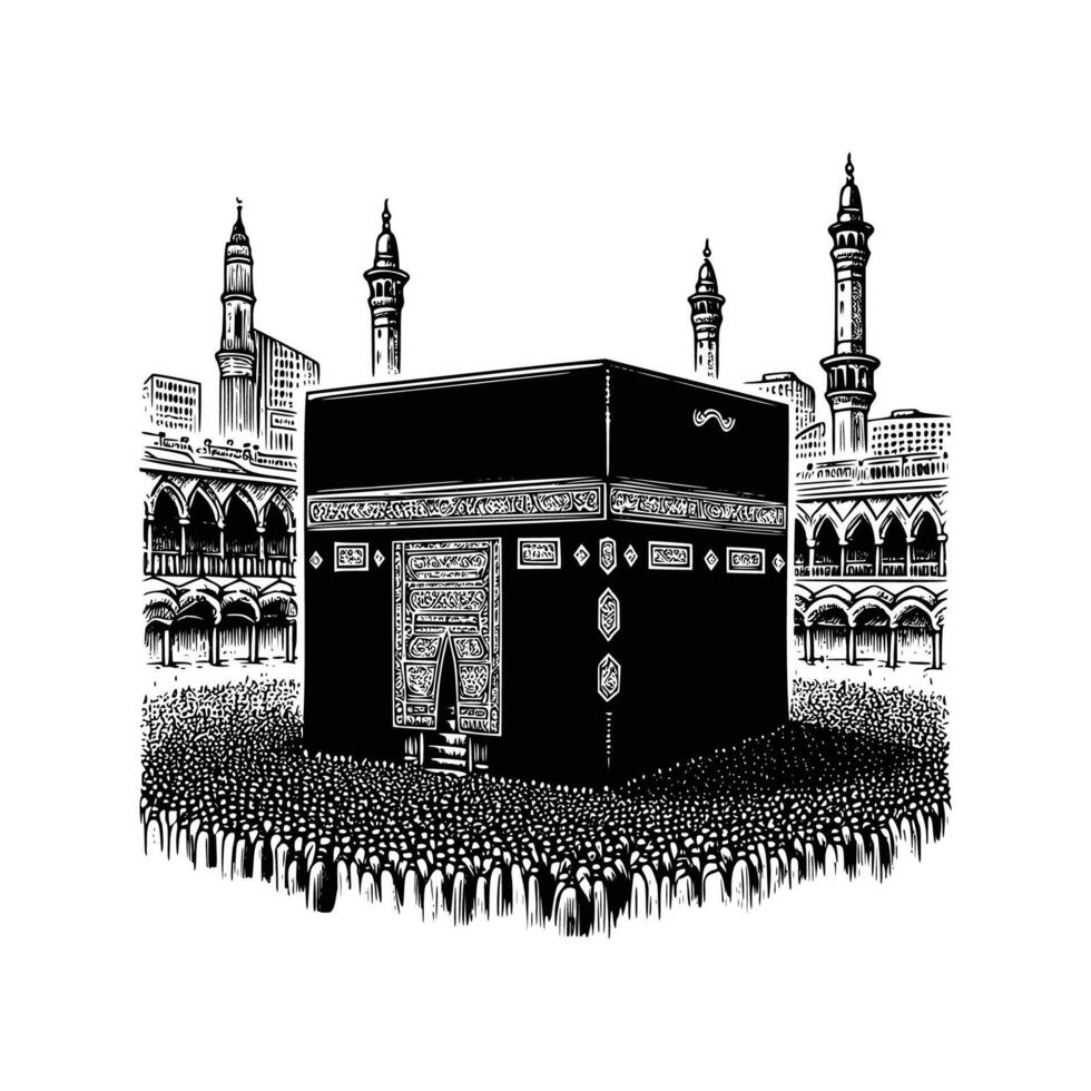 hand drawn Illustration of Kaaba. engraving black and white Kaaba illustration isolated on white background, famous landmarks drawing vector