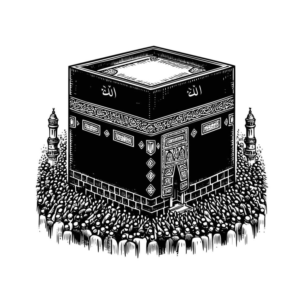 hand drawn Illustration of Kaaba. engraving black and white Kaaba illustration isolated on white background, famous landmarks drawing vector