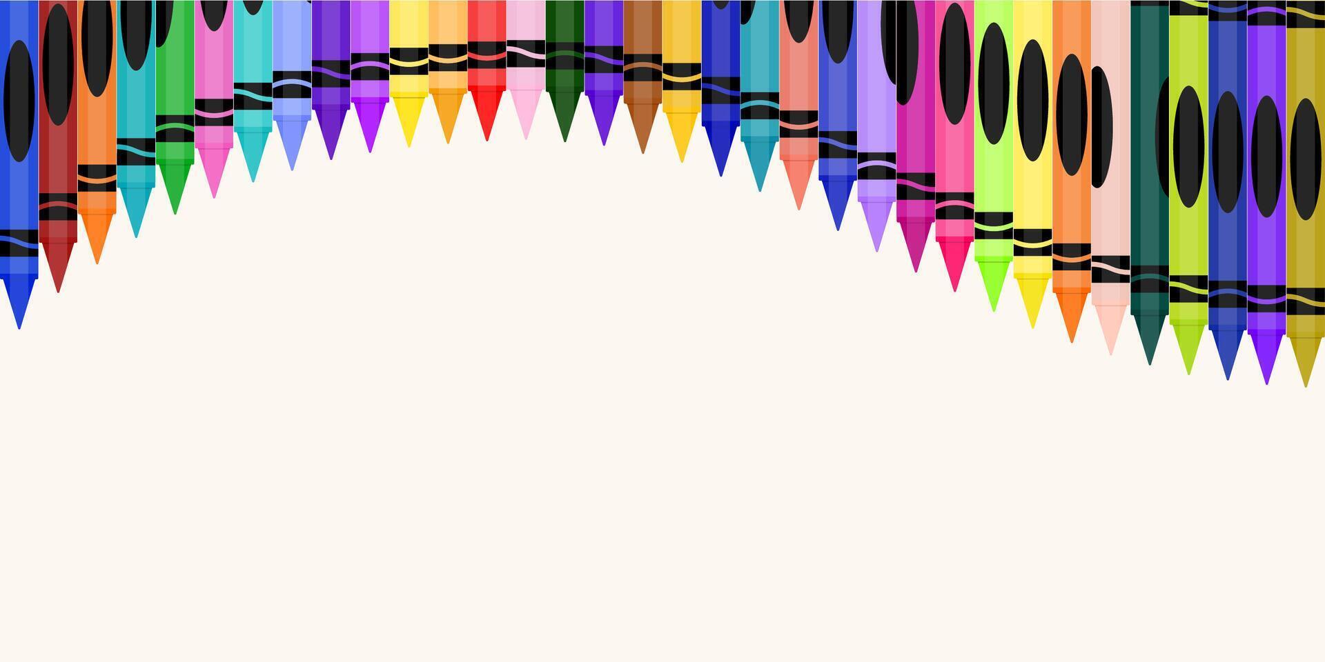 Colorful wax crayon frame illustration. Education School Supply - Black, Indigo, Blue, Turquoise, Teal, Green, Yellow, Orange, Red, Pink, Purple, Brown, and Gray Crayons Isolated vector