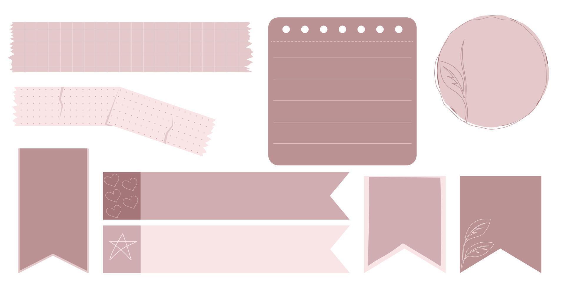 Collection of Cute Blank paper notes for to-do list, Daily and Weekly Planner. Scrapbook Stickers, different pieces of washi tape and bookmarks for scheduler or organizer vector