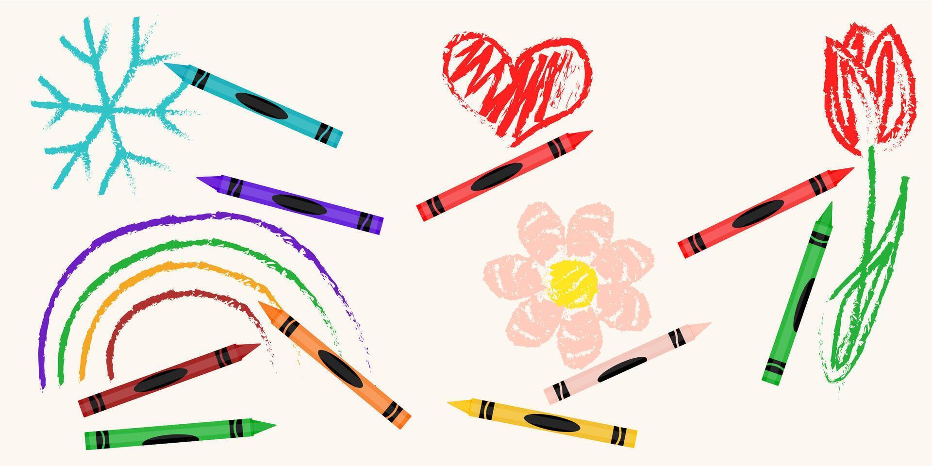 Wax crayon hand drawn elements. Colorful wax crayon children illustration. vector