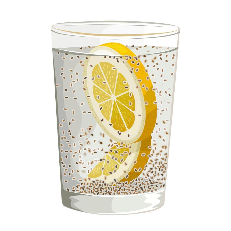 Illustration of chia seed water with lemon slices, in a glass, isolated on white background. vector