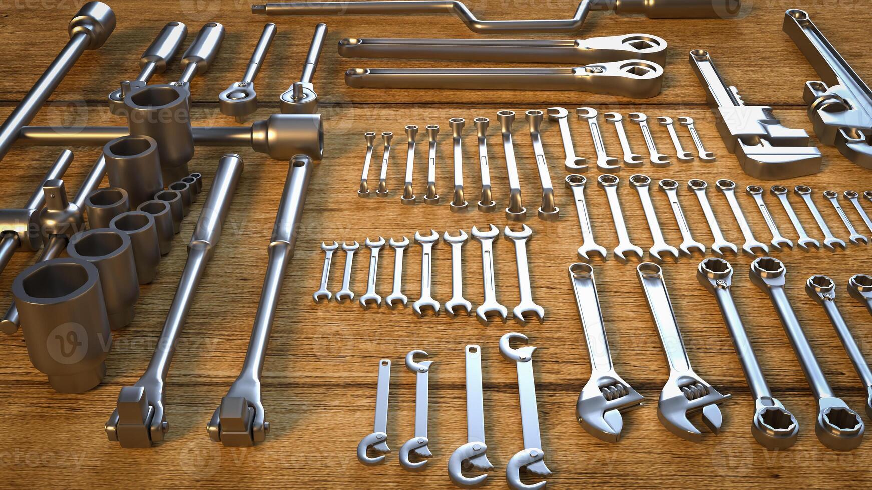 The garage tool on wood table for workshop or fix content 3d rendering. photo