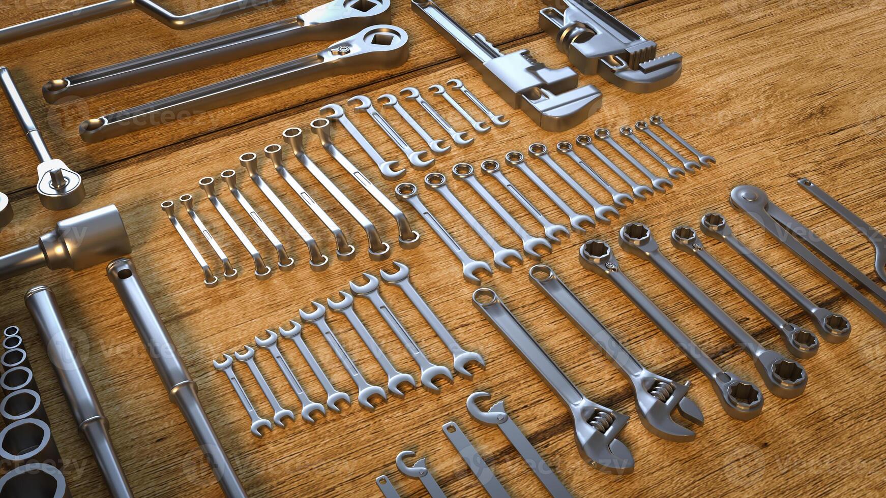 The garage tool on wood table for workshop or fix content 3d rendering. photo