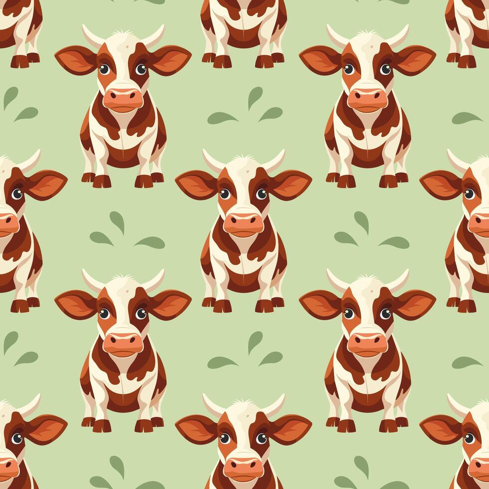 Seamless pattern, cute spotted cows with flowers on a white background. Farm animal background. Print, textile vector