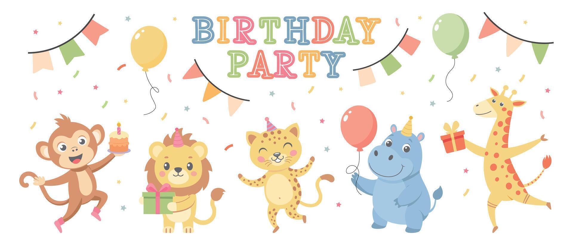 Happy birthday party. Childrens set with cute animals. Baby animals in party hats, cakes, gift boxes, balloons. Illustrations for birthday cards, stickers vector