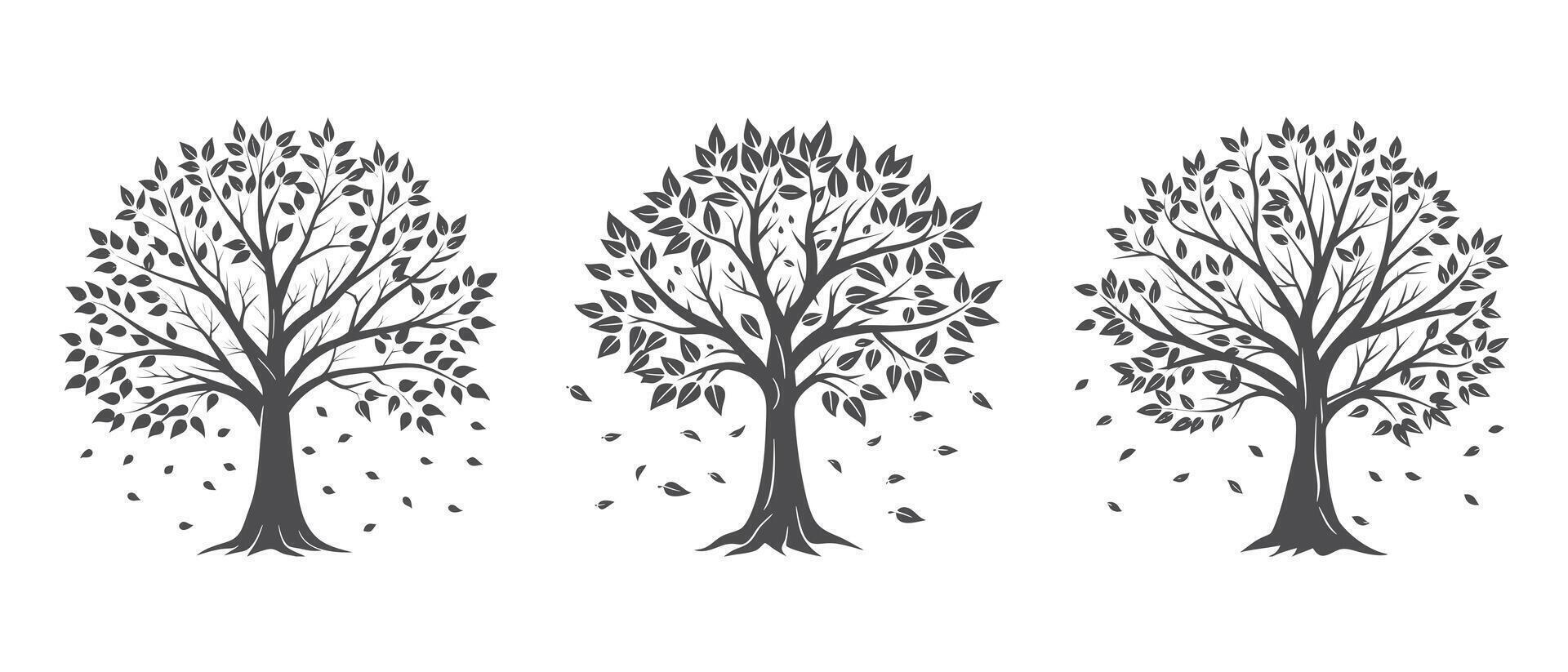 Silhouettes of autumn trees with falling leaves on a white background. Black and white illustration, sketch, design elements vector