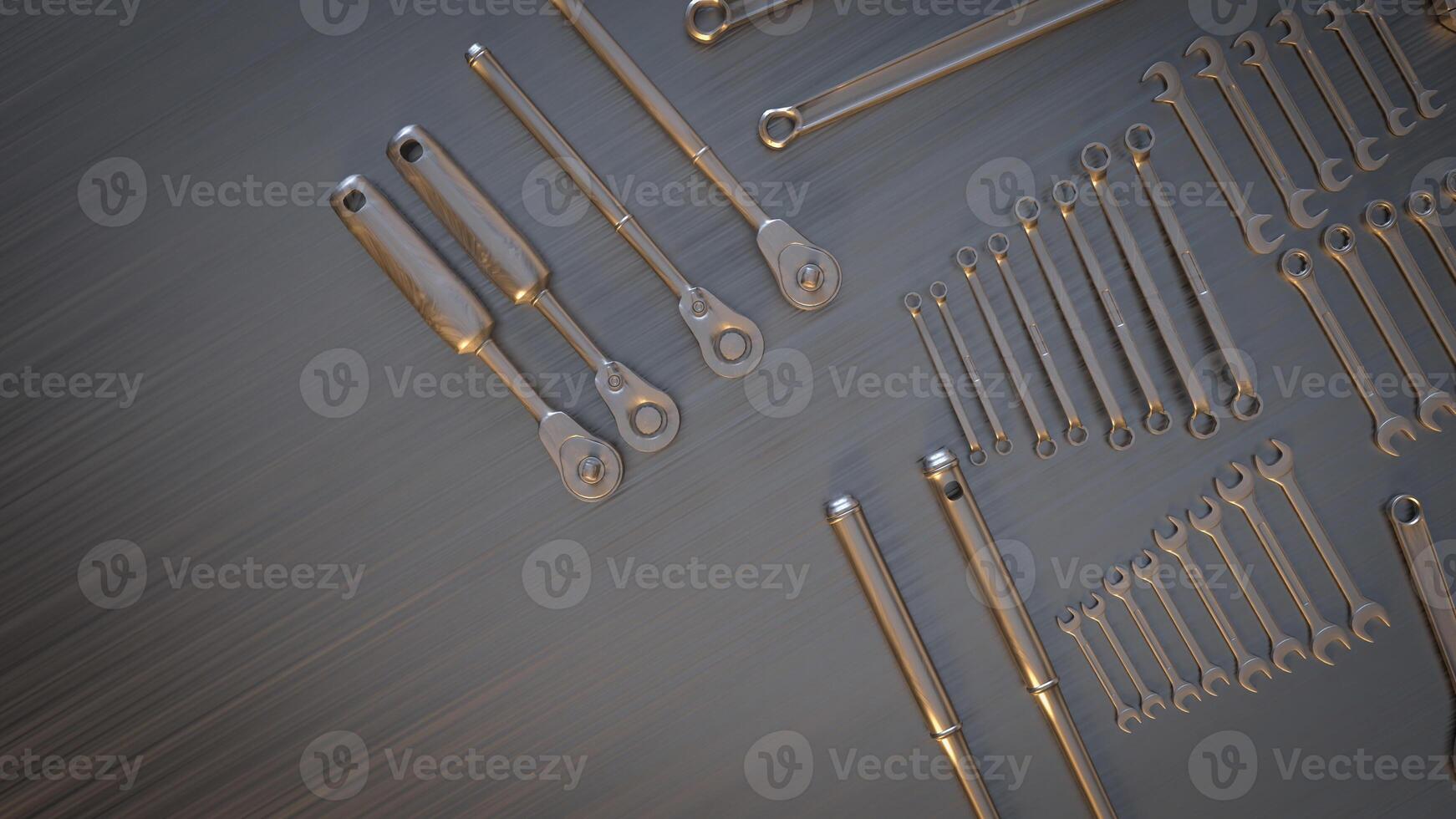 The garage tool on steel table for workshop or fix content 3d rendering. photo