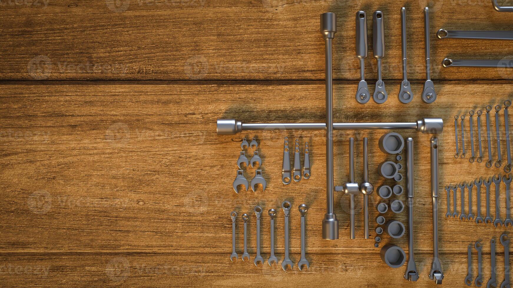 The garage tool on wood table for workshop or fix content 3d rendering. photo