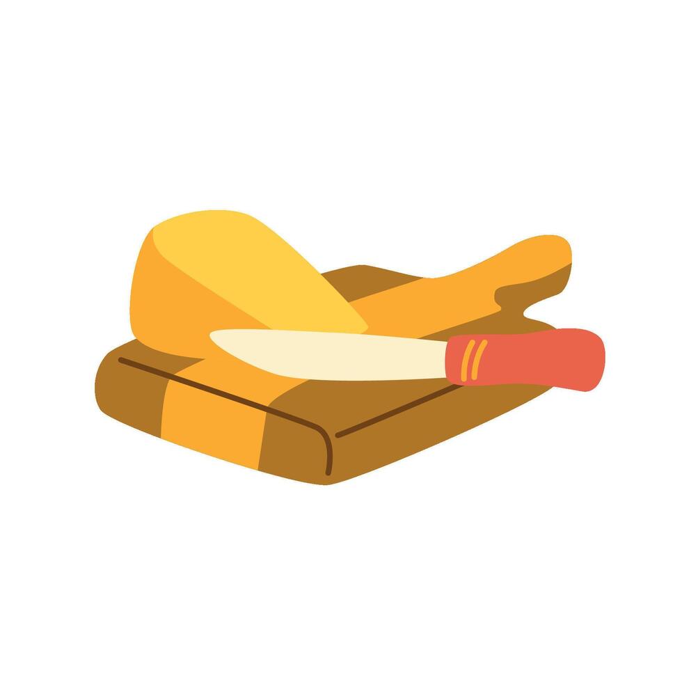 Illustration of food, breakfast and dinner. Cheese on wooden board with knife. vector