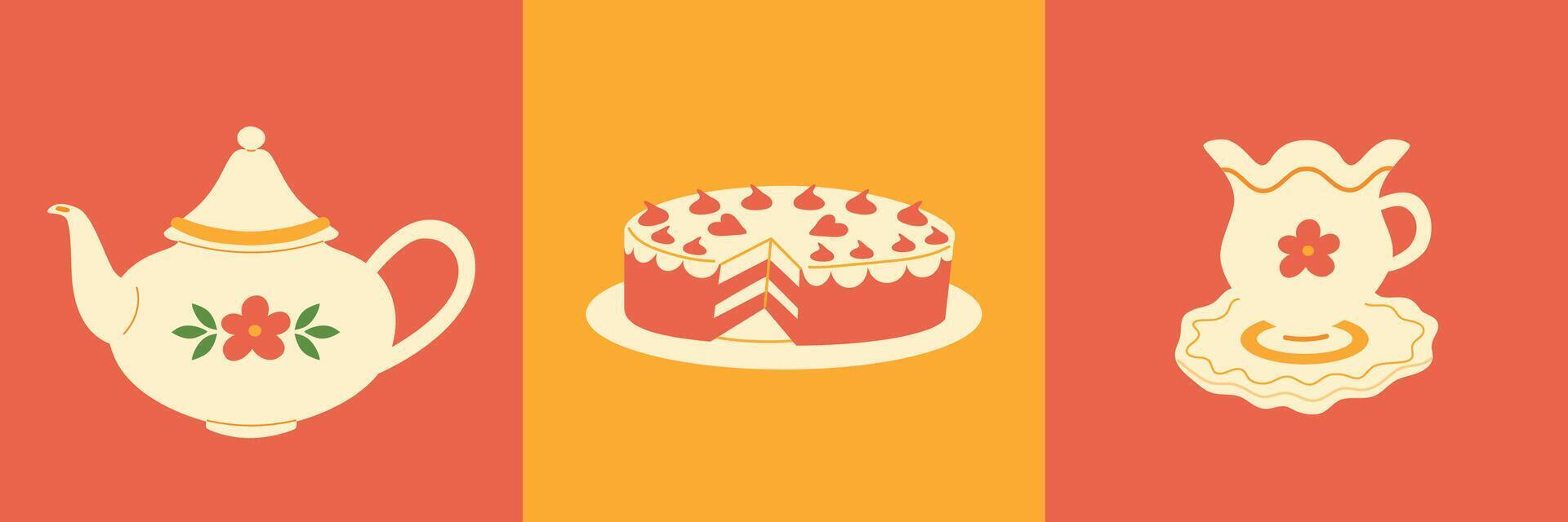 Teapot, tea cup and cake. Concept tea party and tea time. vector