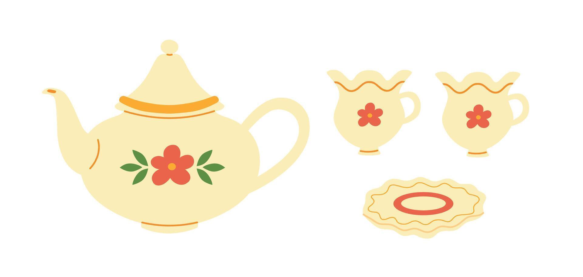 Illustration of ceramic tea set. Tea cup, teapot and saucer. vector