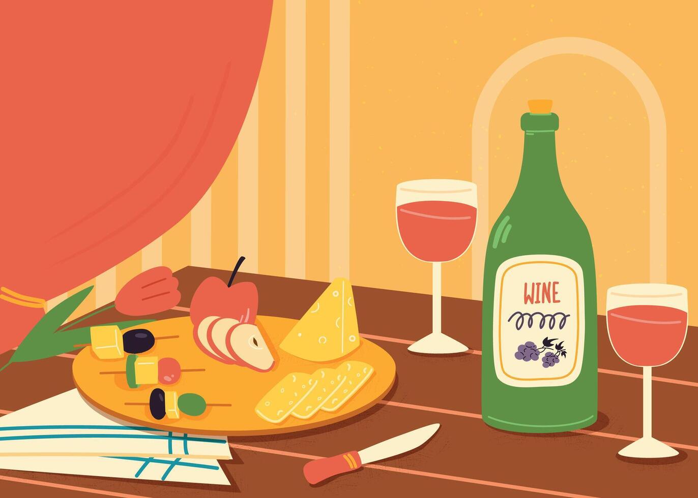 Illustration of wine, wineglass and snacks. Wine and cheese. vector