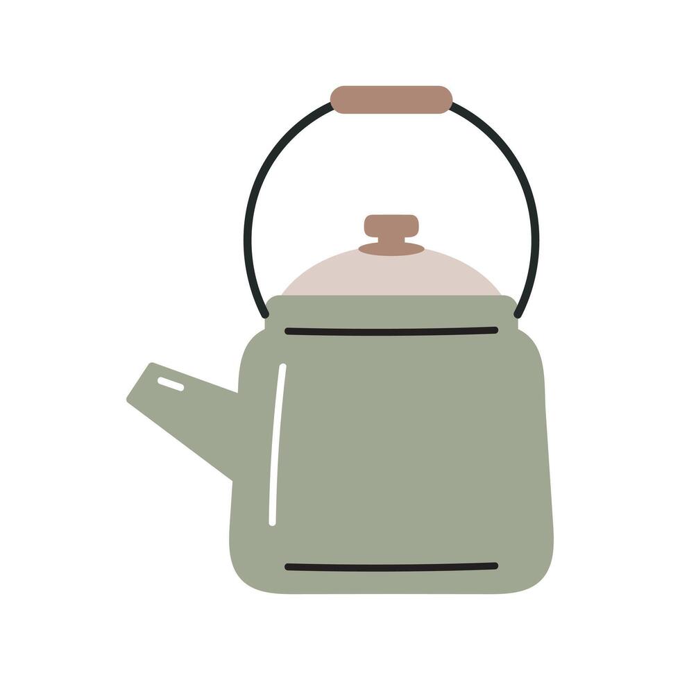 Green metallic teapot . Flat cartoon illustration isolated on white background. Domestic kitchenware utensil. vector