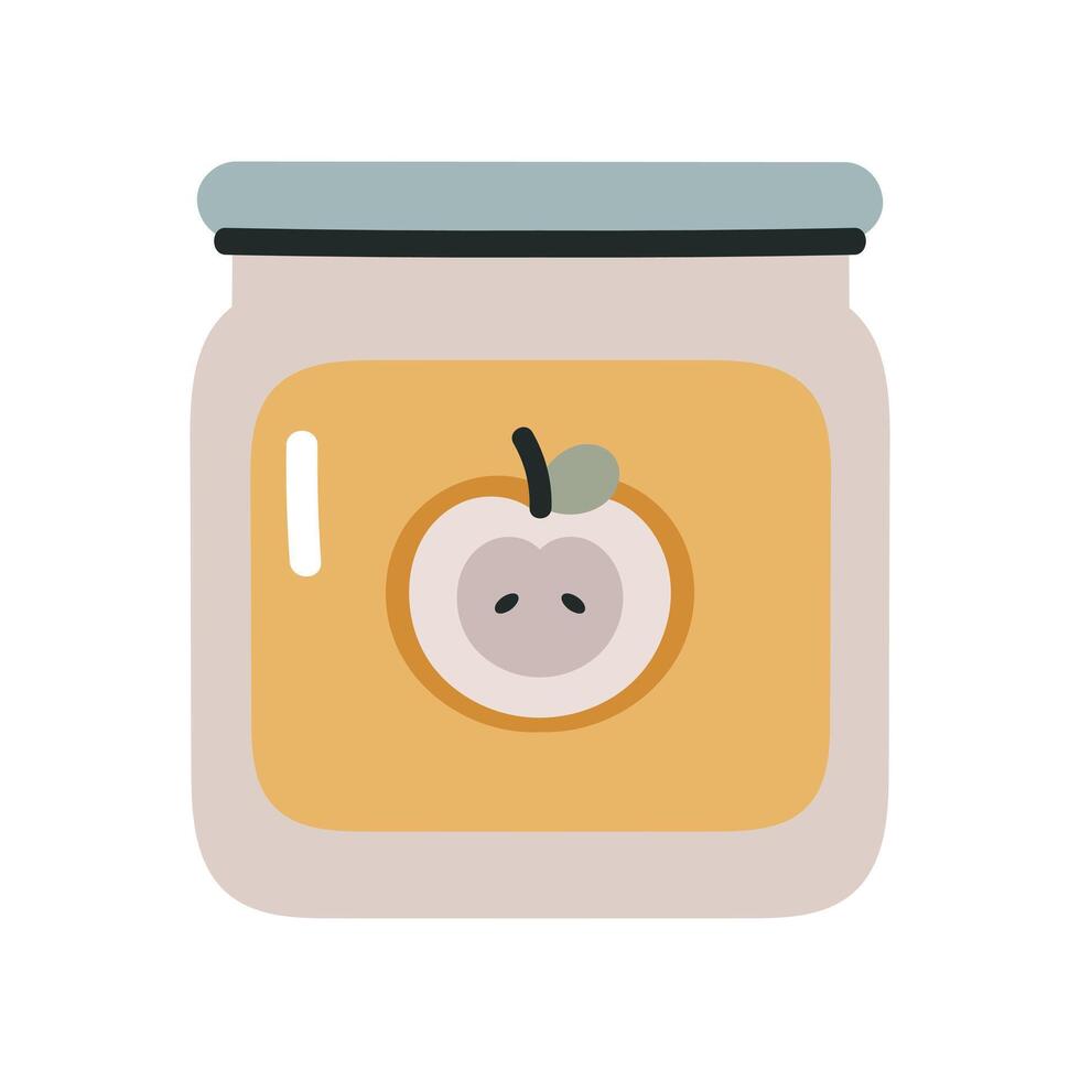Glass jar of apple jam. Flat cartoon illustration isolated on white background. vector